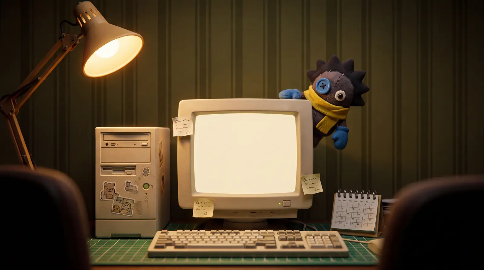 Stop-motion retro desk with a beige CRT computer, a desk lamp and a small one-eyed mascot peeking over the monitor