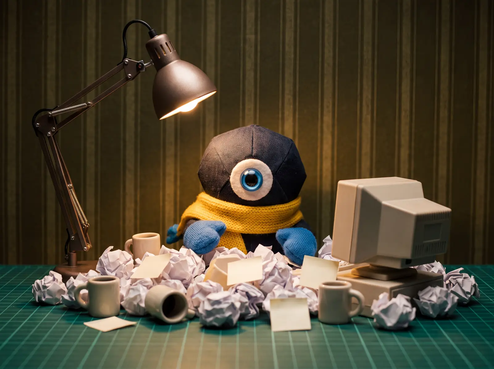 The mascot buried up to its eye in crumpled paper and coffee mugs