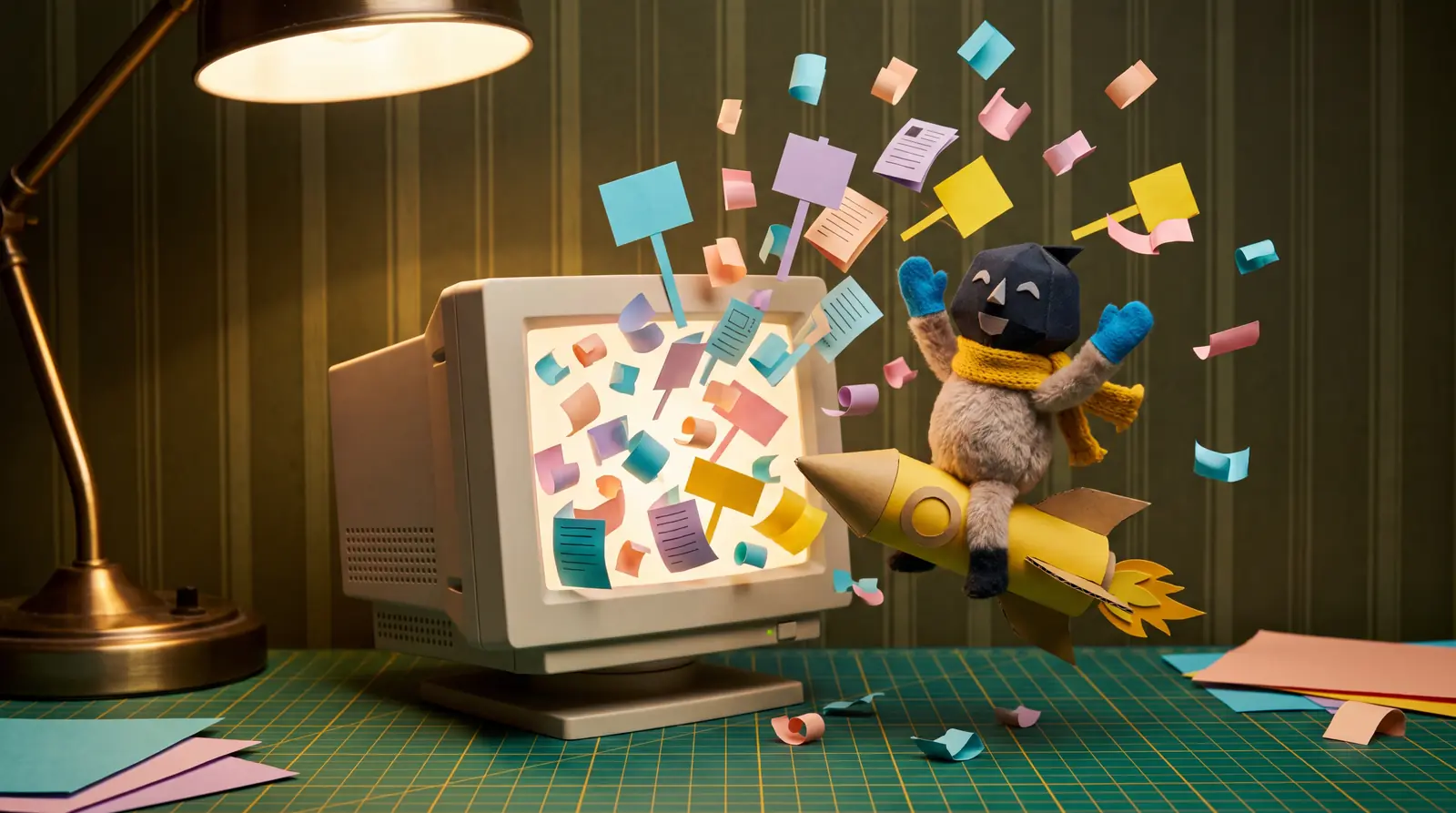 The mascot riding a paper rocket out of a CRT screen as colourful content cards fly everywhere