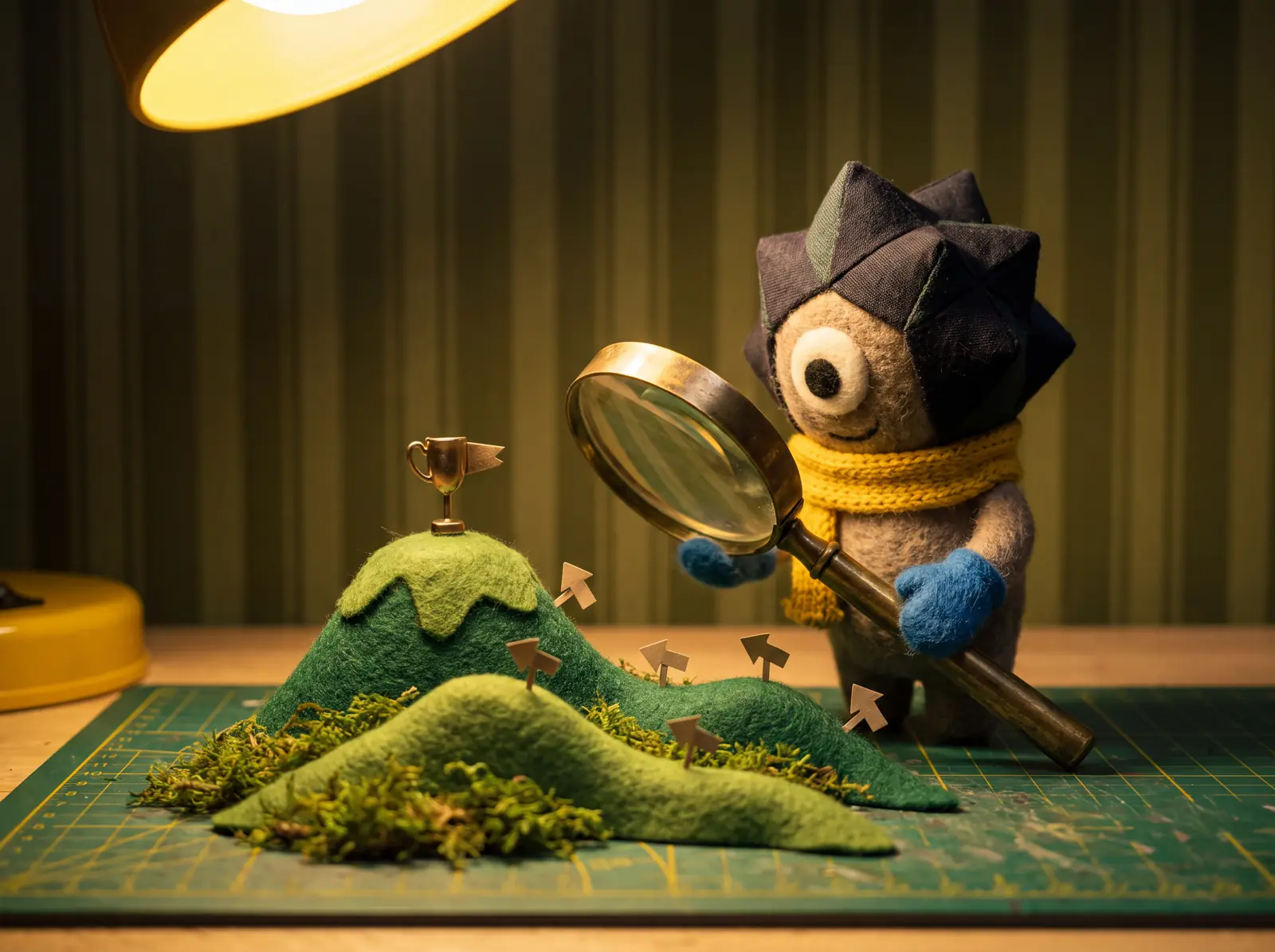 The mascot holding a giant magnifying glass over felt hills with a gold trophy flag