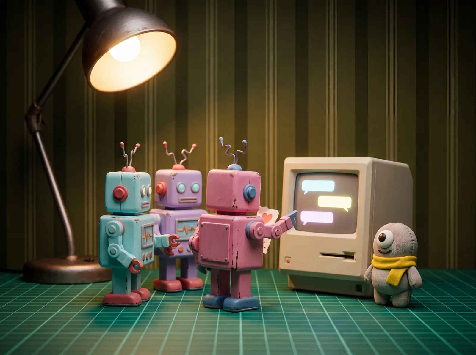Three tiny tin robots huddled around a small CRT, one pointing at chat bubbles on the screen