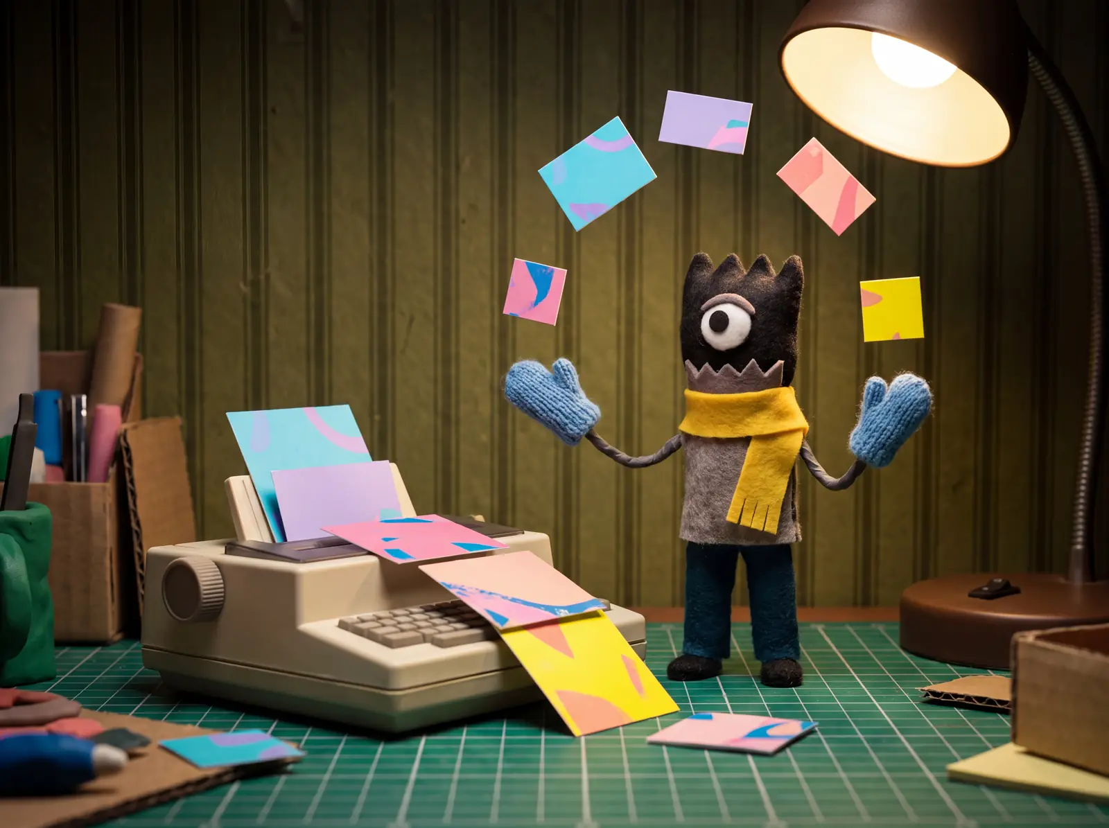 A retro printer spitting out a stream of colourful creative cards while the mascot juggles them
