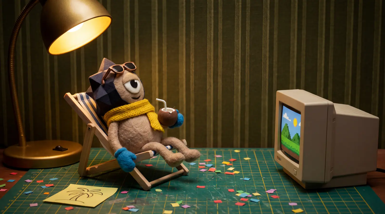 The mascot lounging in a tiny deck chair with sunglasses and a coconut drink beside the monitor